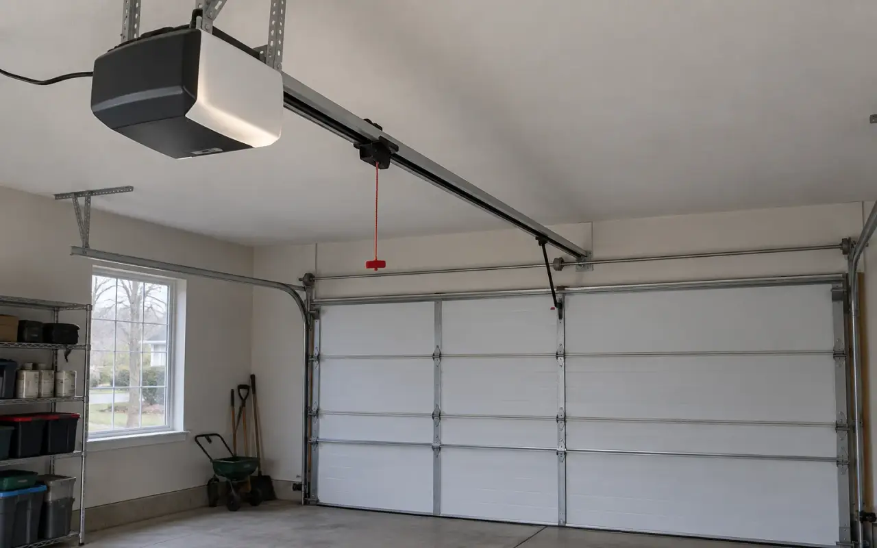 A ceiling-mounted garage door opener and rail with the release cord hanging from the carriage