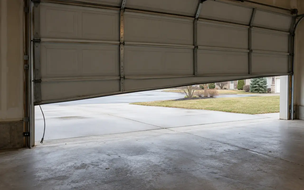 A garage door hanging crooked with a slack lifting cable beside the track