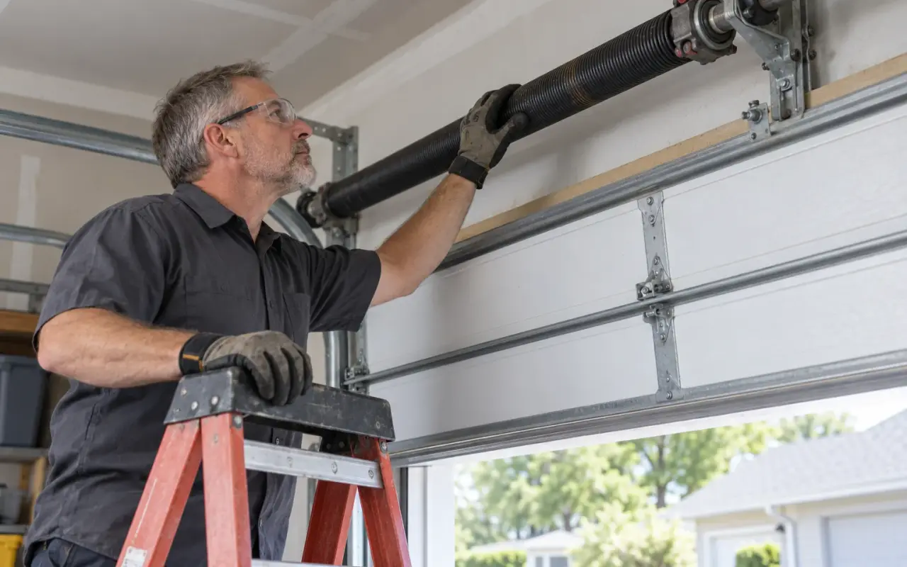 A garage door technician on a stepladder inspecting the torsion spring above a door