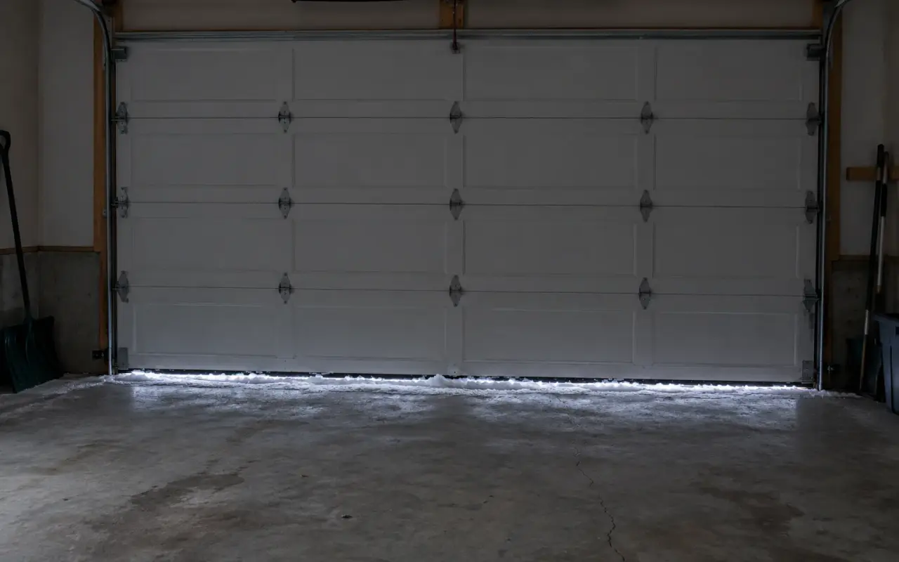 A closed garage door seen from inside in winter, frost along the bottom seal