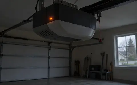 A garage door opener with a small orange status light glowing in a dark garage