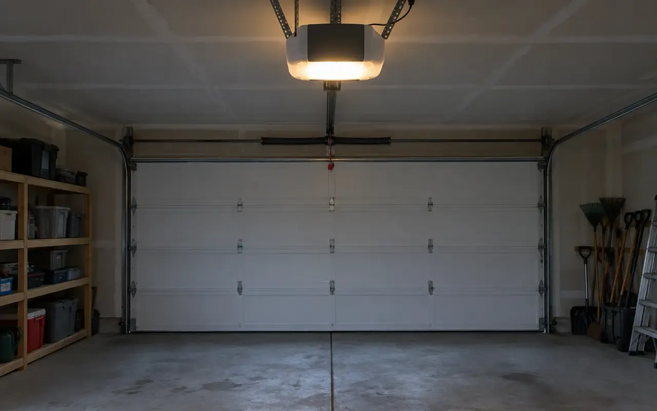 A garage door opener on the ceiling with its light lens glowing