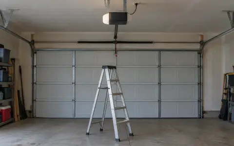 A stepladder standing under a ceiling-mounted garage door opener