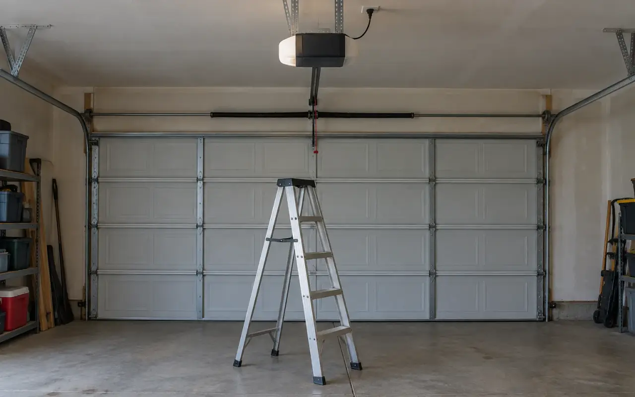 A stepladder standing under a ceiling-mounted garage door opener
