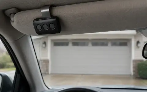 A three-button garage door remote clipped to a car sun visor