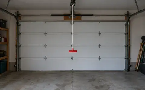 A release cord with a red handle hanging from a garage door opener rail