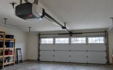 A garage door opener on the ceiling with a small red LED lit on its housing