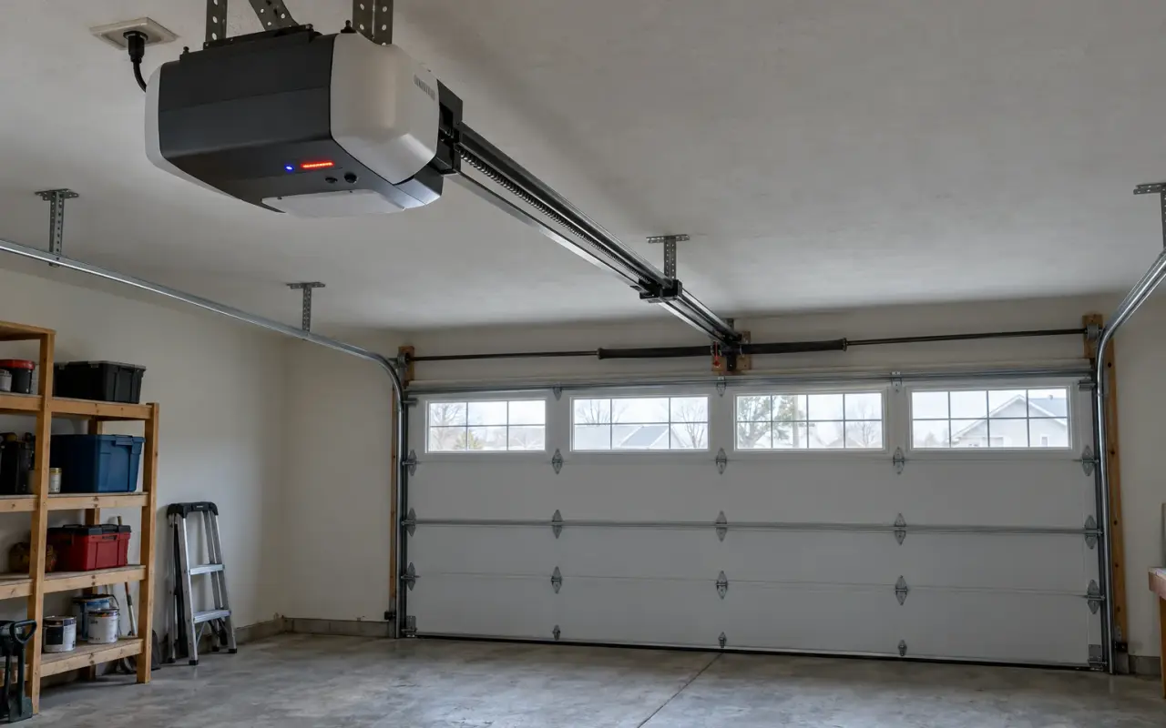 A garage door opener on the ceiling with a small red LED lit on its housing