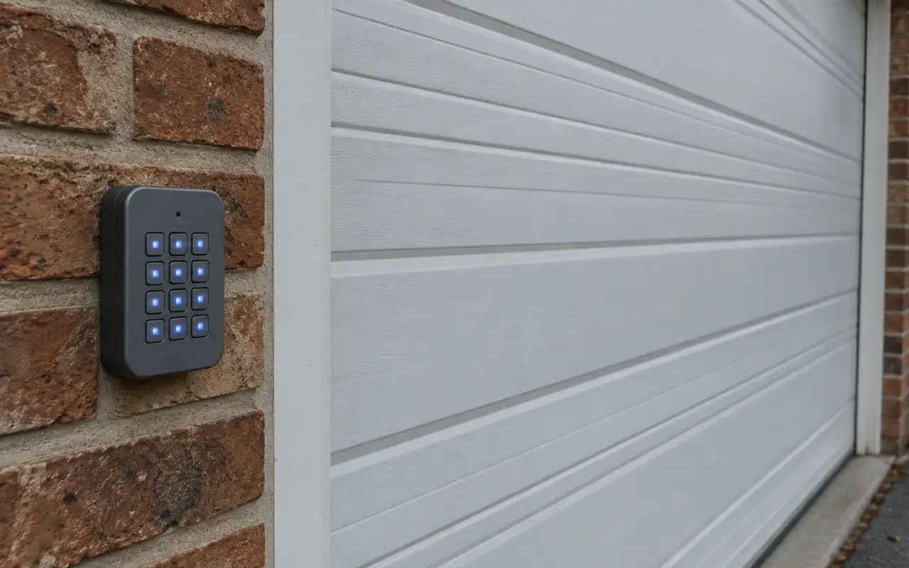A wireless keypad with a lit backlight mounted beside a garage door
