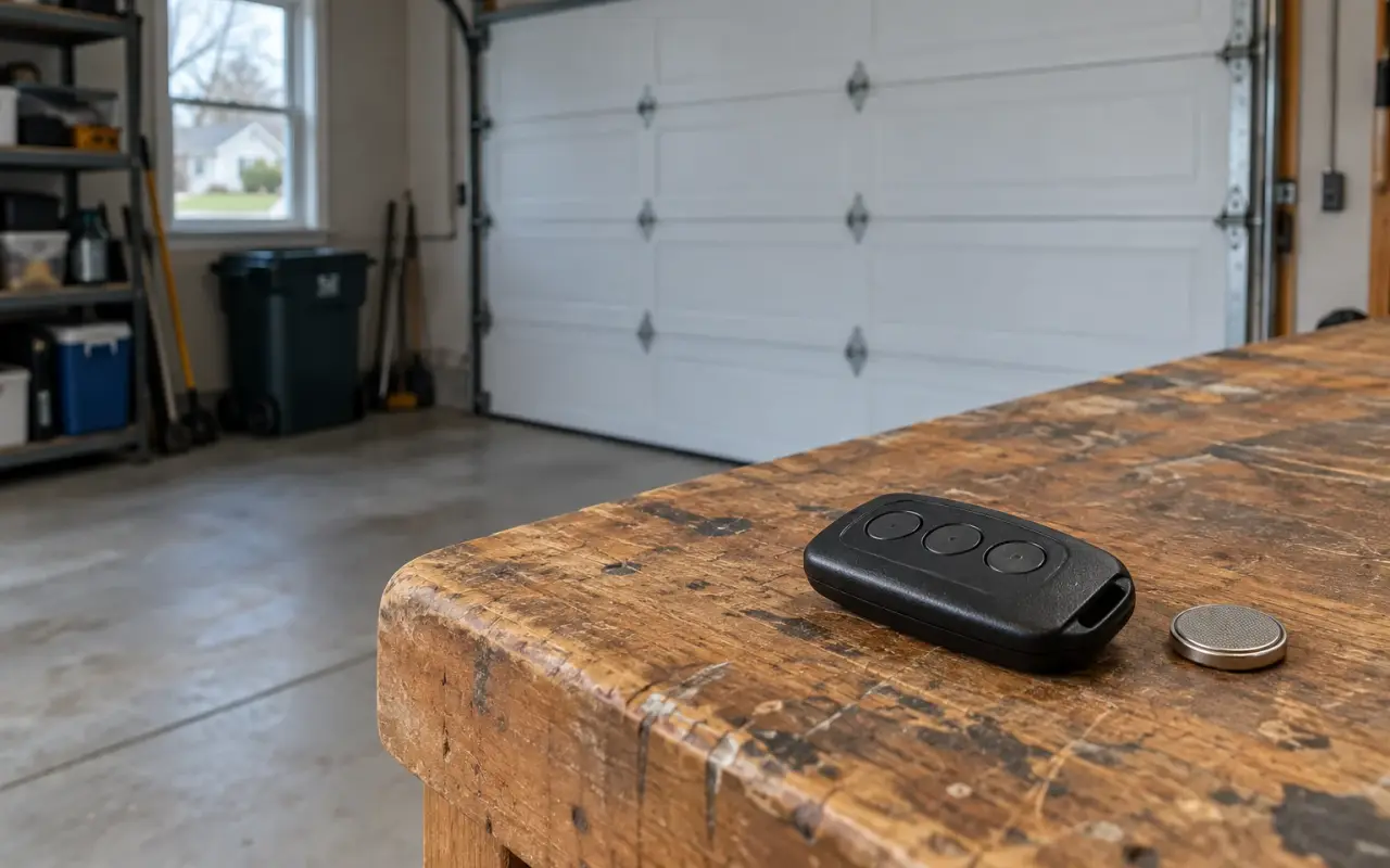 A small three-button garage door remote and a coin battery on a workbench