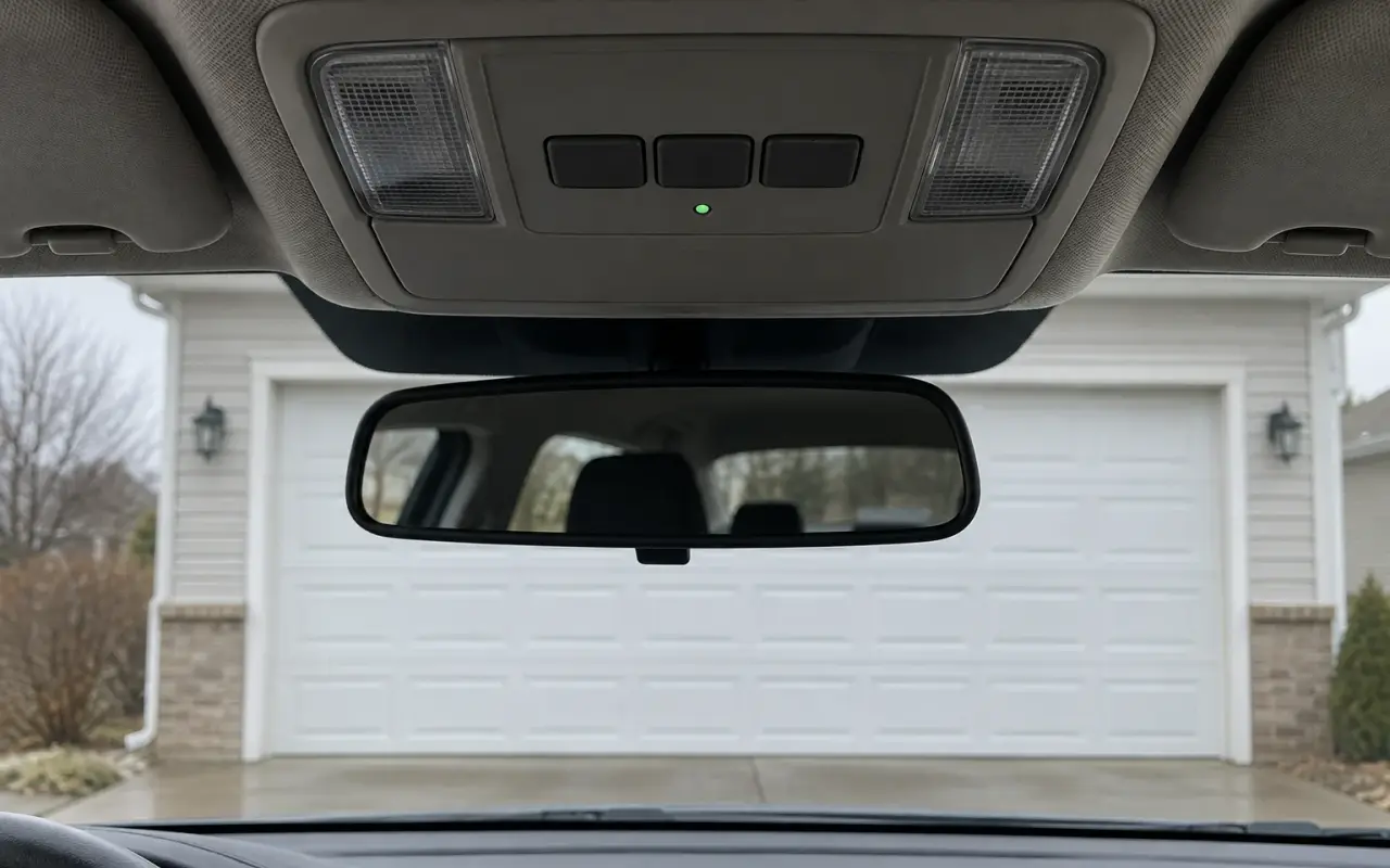 The overhead buttons in a car, with a garage door visible through the windshield