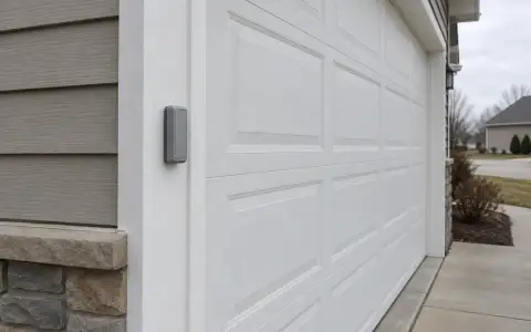 A wireless keypad with its cover closed, mounted beside a white garage door