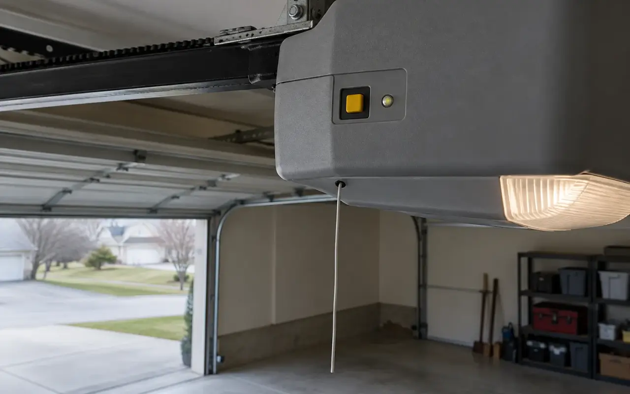 The side of a garage door opener motor unit with a small yellow Learn button and the antenna wire hanging below