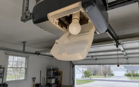 The open light lens of a garage door opener with a bulb in the socket