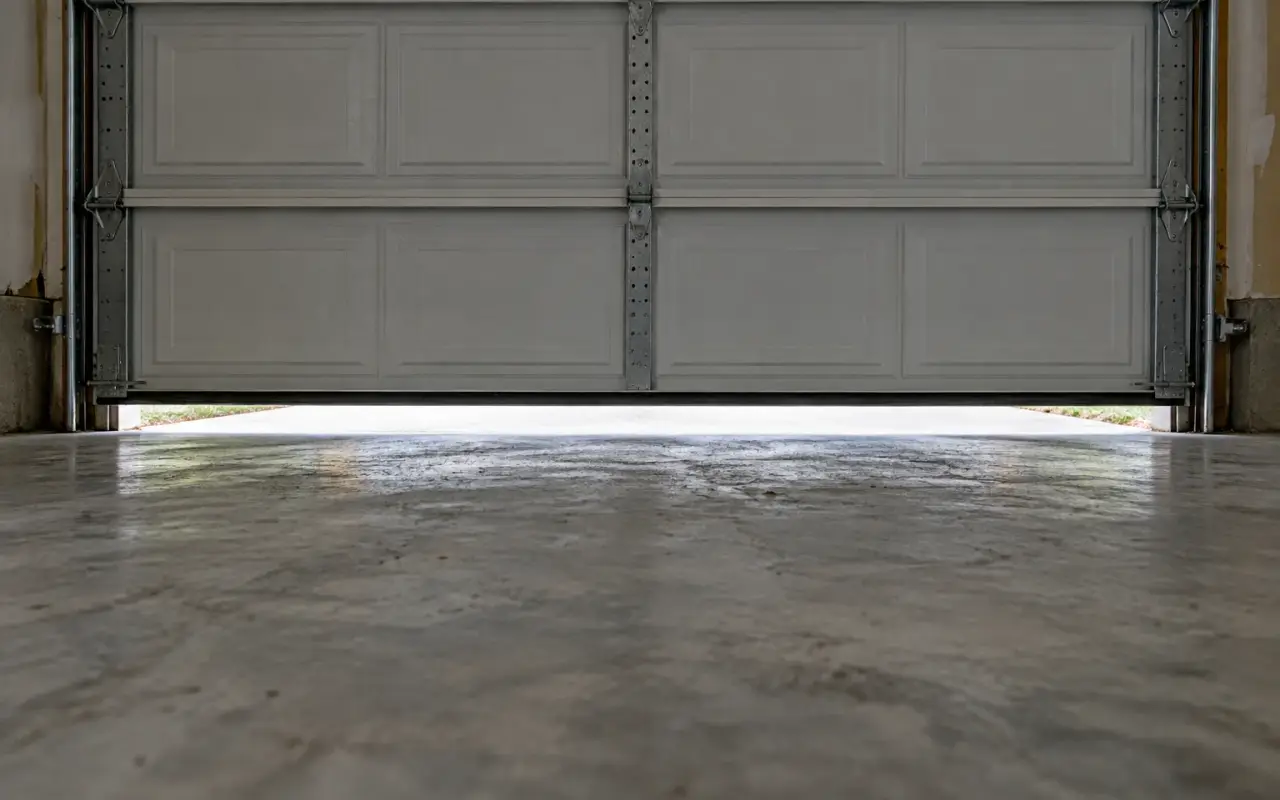 A garage door stopped a few inches above the floor, daylight showing under it