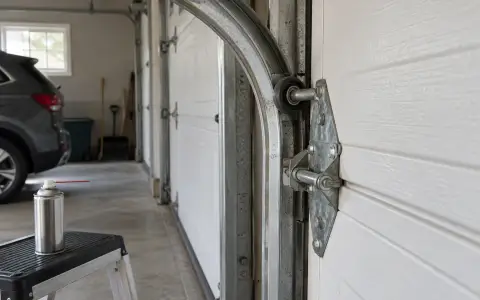 A garage door roller in its track and a hinge, with a can of lubricant nearby