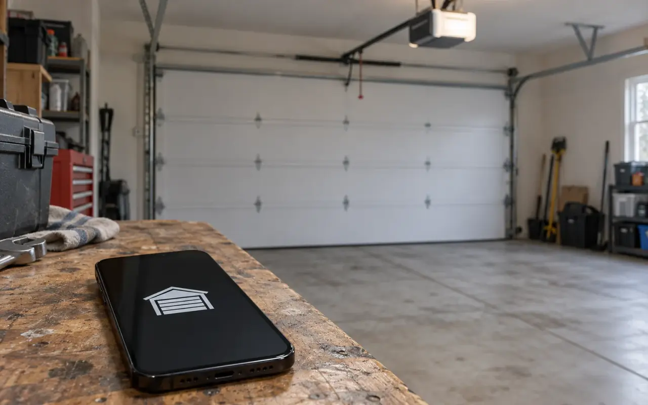 A phone on a garage workbench showing a garage door icon, the door behind it