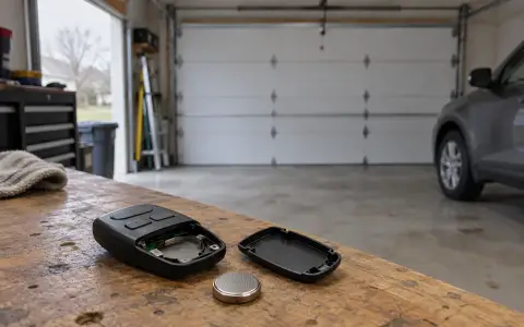 A garage door remote opened on a workbench with its coin battery beside it