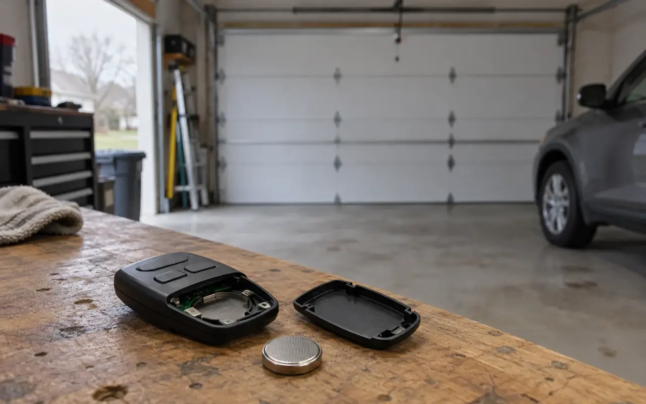 A garage door remote opened on a workbench with its coin battery beside it