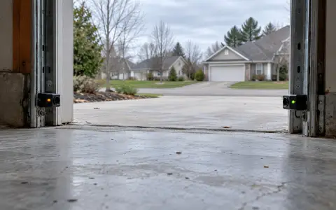 Two safety sensors facing each other across the bottom of an open garage doorway