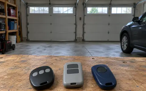 Three different garage door remotes side by side on a workbench