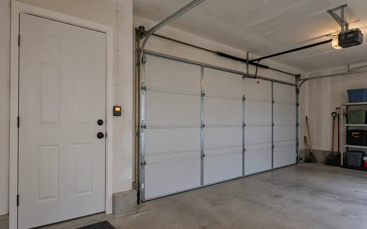 A lighted wall button for the garage door beside the house entry door